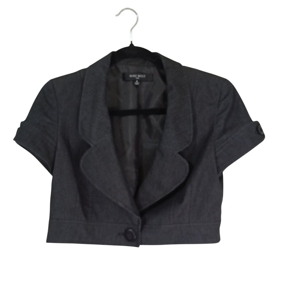 Nine West Blazer Jacket Womens Charcoal Gray Short Sleeve Cropped Size 4